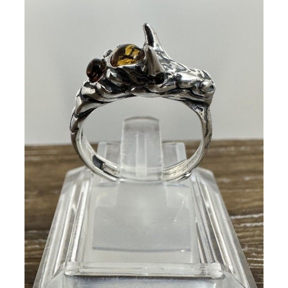 Handmade Sterling Silver Horse Head With Amber Ring Sz 6.25 Adj